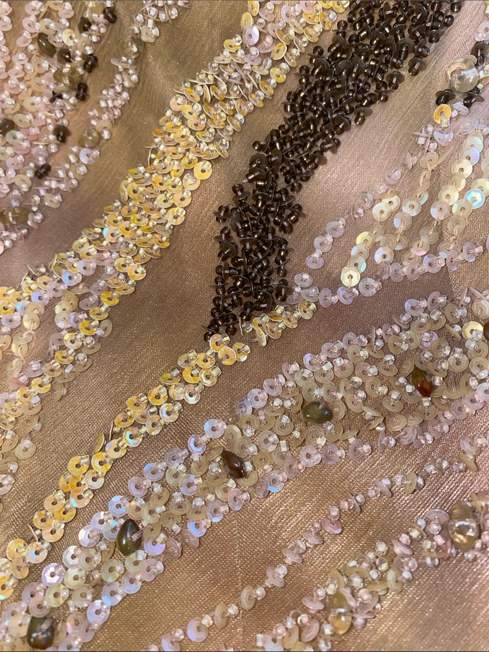 Sue Wong Beaded High-Low Flowy Silk Gown in Yellowish Green Champagne Hues - Picture 4 of 12